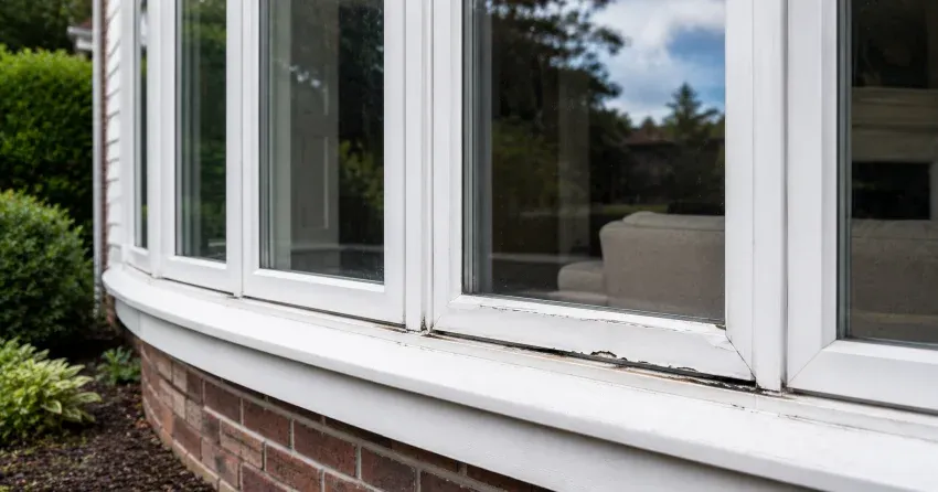 technician inspecting bow window frame and seal for damage in North York