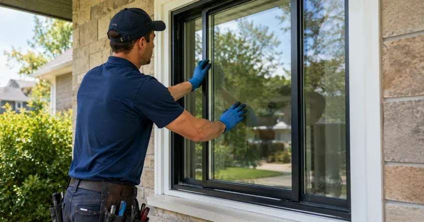technician measuring a broken window pane for replacement in Downsview, North York