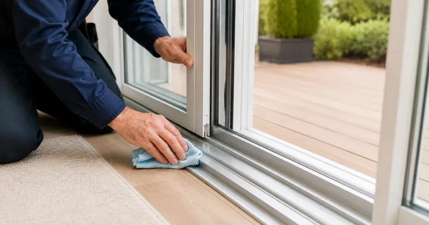 technician inspecting a sliding patio door track in North York