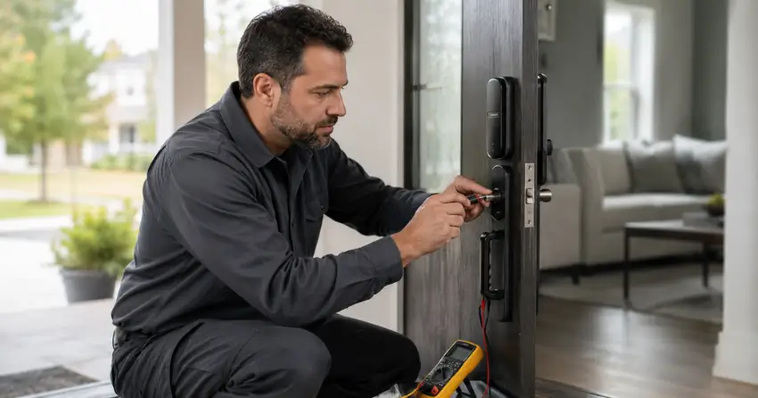 technician diagnosing automatic door lock mechanism on residential door in Willowdale, North York