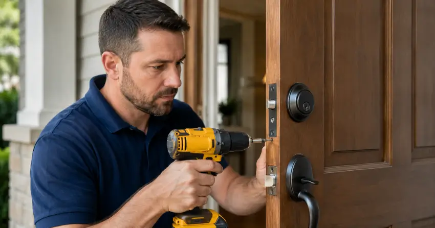 technician installing a new deadbolt during Change Door Lock North York service