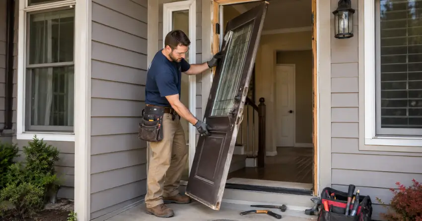 old exterior door being removed for replacement in Humbermede, North York