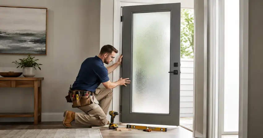glass panel door installation with frosted privacy glass in residential setting in Jane and Finch, North York
