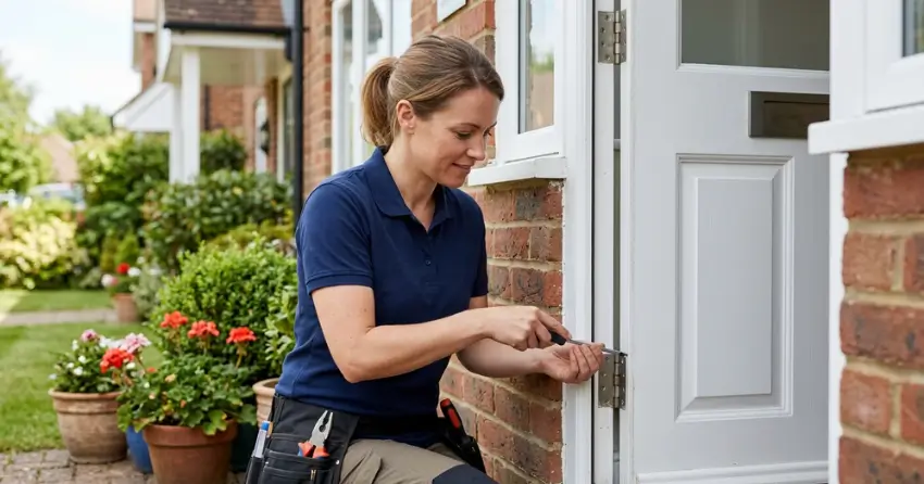 technician repairing exterior door hinge and frame in Newtonbrook, North York