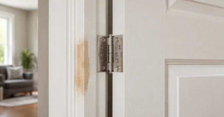 technician checking a warped door against a straightedge in Humber Summit, North York