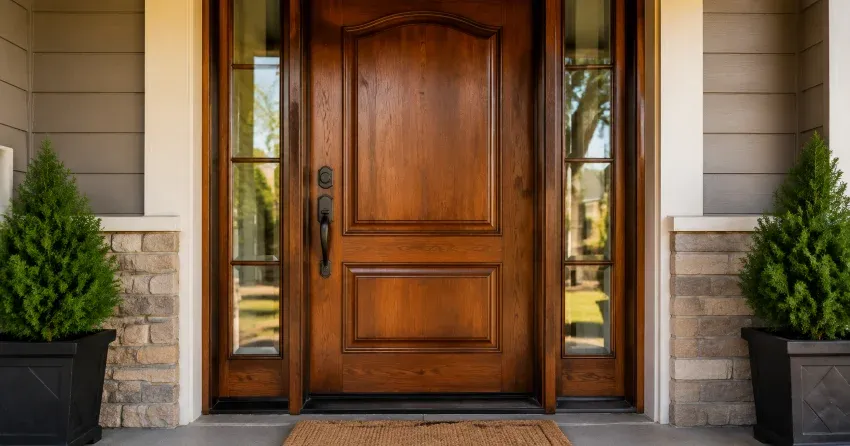 wood door mid-restoration showing stripped bare wood in Willowdale, North York