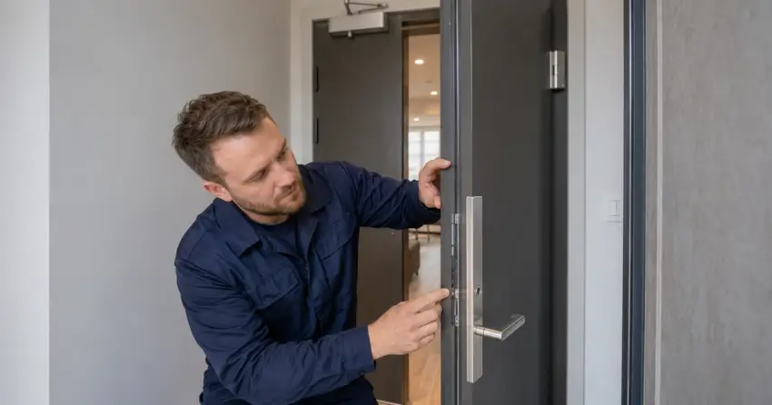 technician inspecting fire-rated door seal and hardware in Don Valley Village, North York