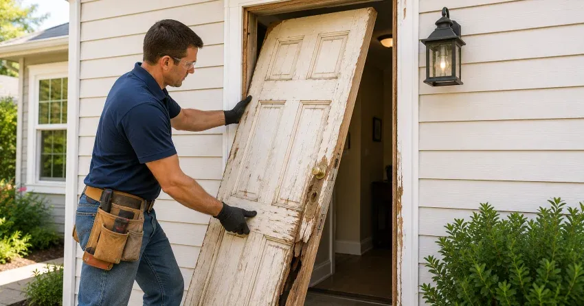 warped exterior door frame showing weather damage in Downsview, North York